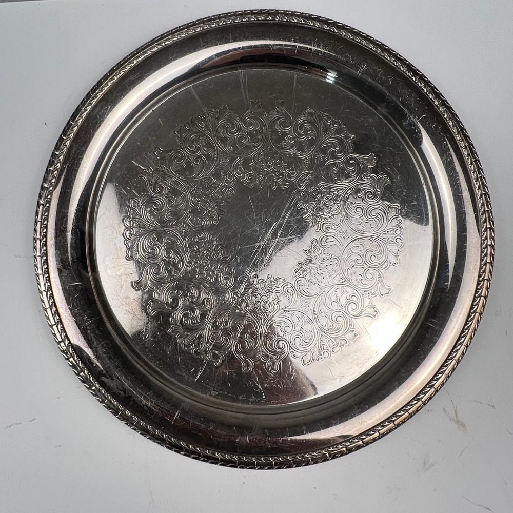 VTG WM Rogers Serving Tray 12.25in Silver Etched Floral Gadroon Decor Victorian